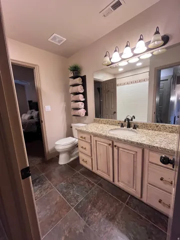 Ensuite bathroom featuring vanity and toilet