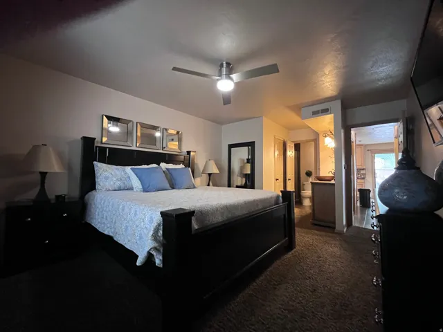 Bedroom featuring dark carpet, a ceiling fan, and connected bathroom