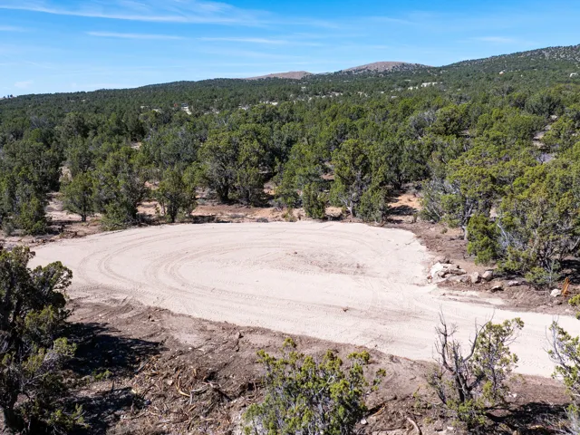 Cleared building site with surrounding natural tree coverage and distant mountain terrain