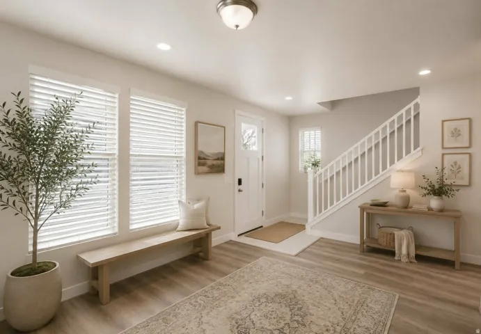 Foyer with wood-finish flooring, white window blinds, recessed lighting, a built-in staircase with white railings, and a front entry door with glass panels