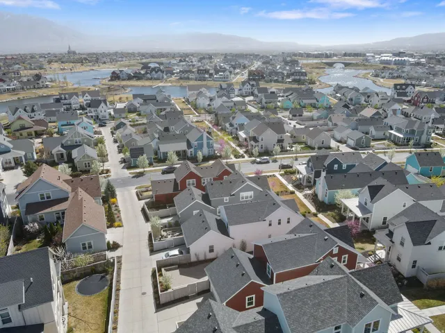 Aerial view of residential area with a mountain backdrop