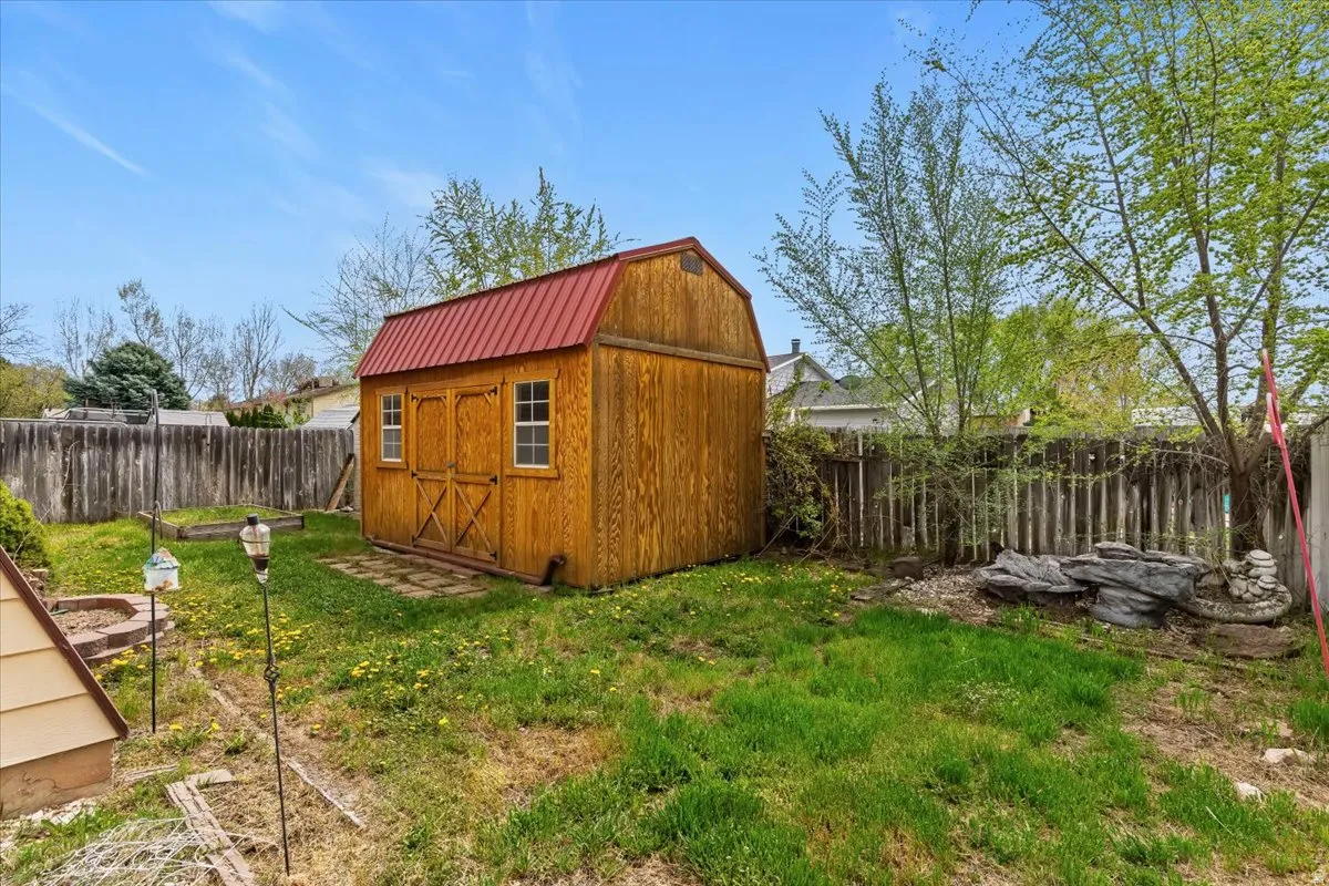View of shed featuring a fenced backyard