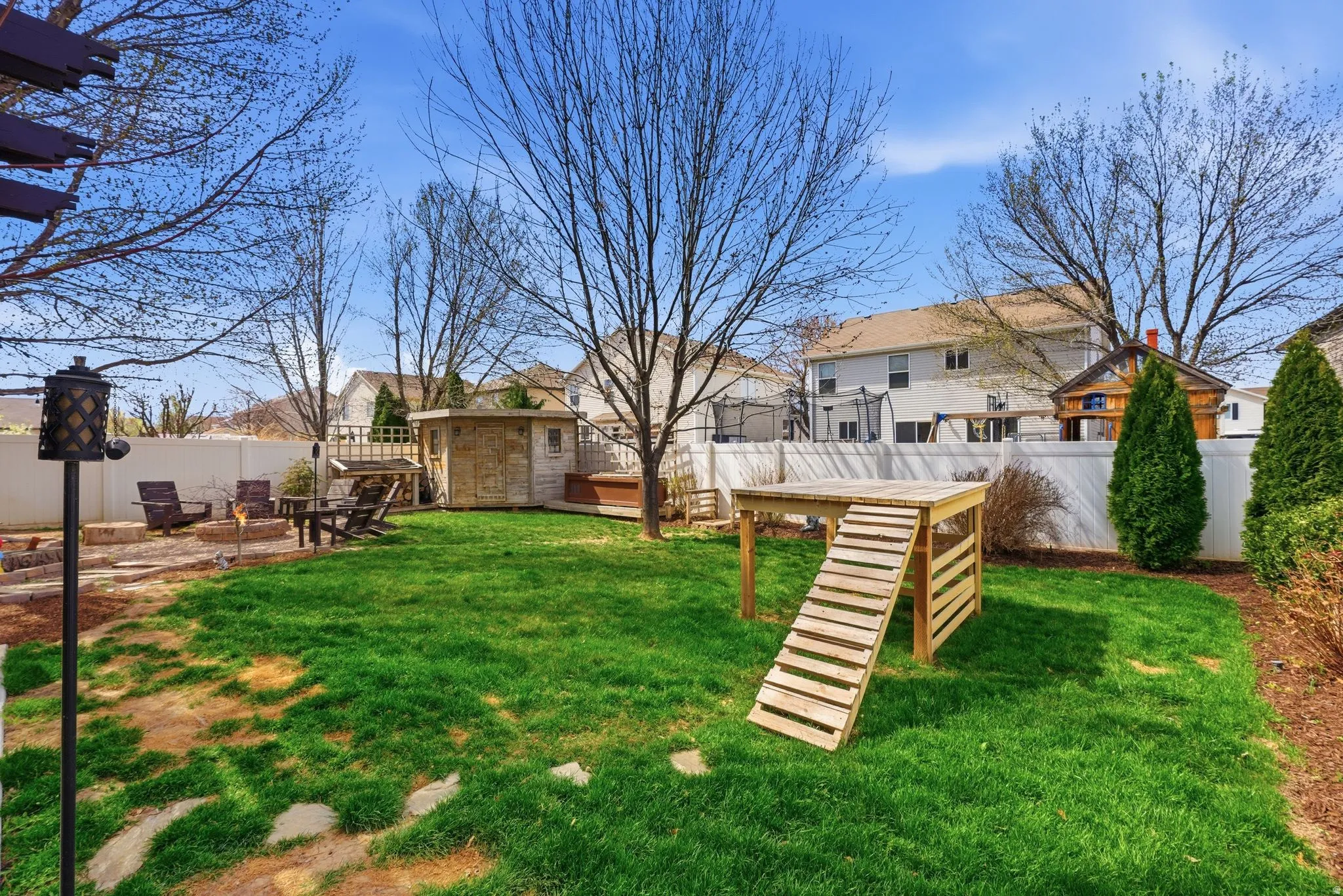 Fenced backyard with a residential view and a patio area
