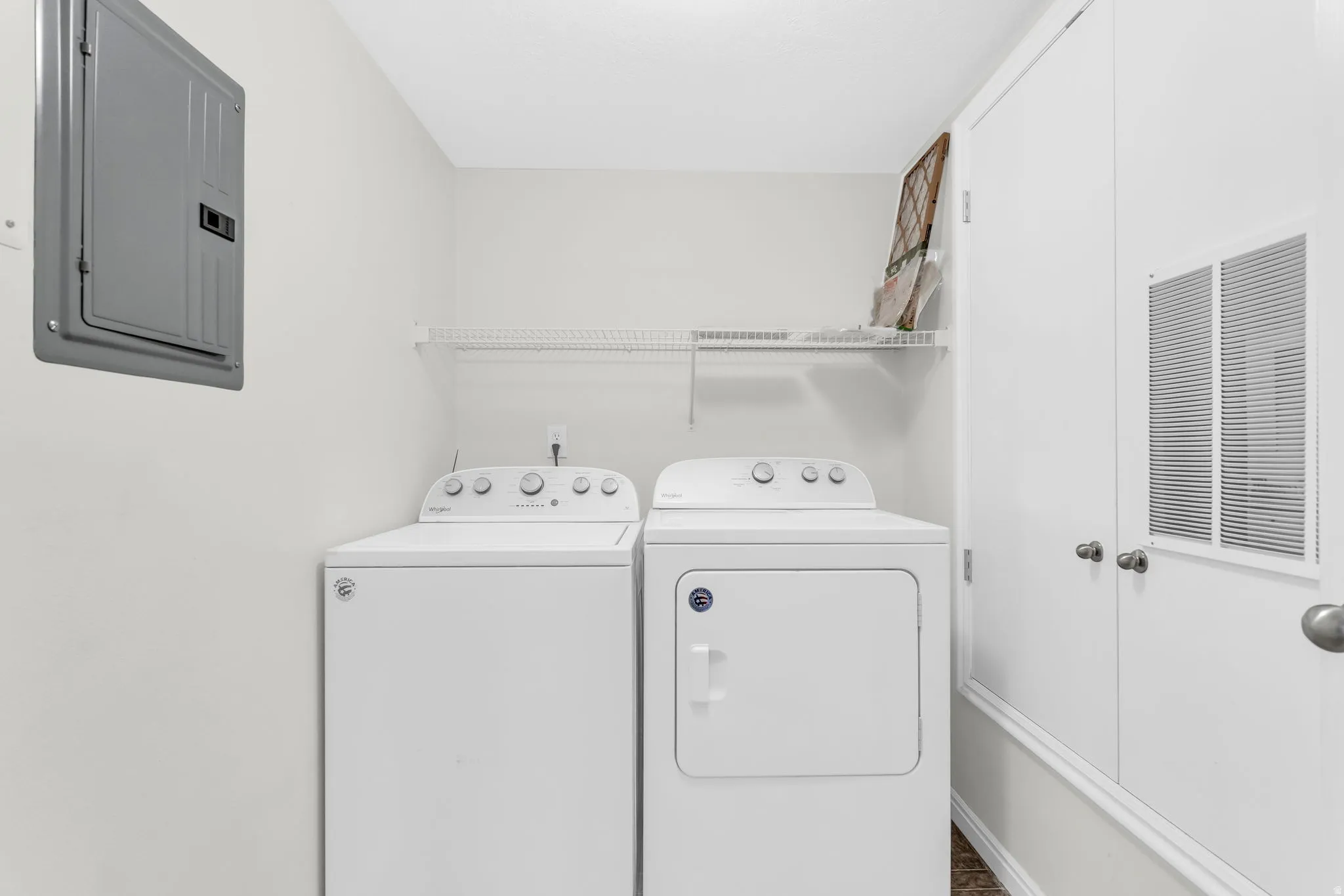 Laundry area featuring electric panel and washer and clothes dryer