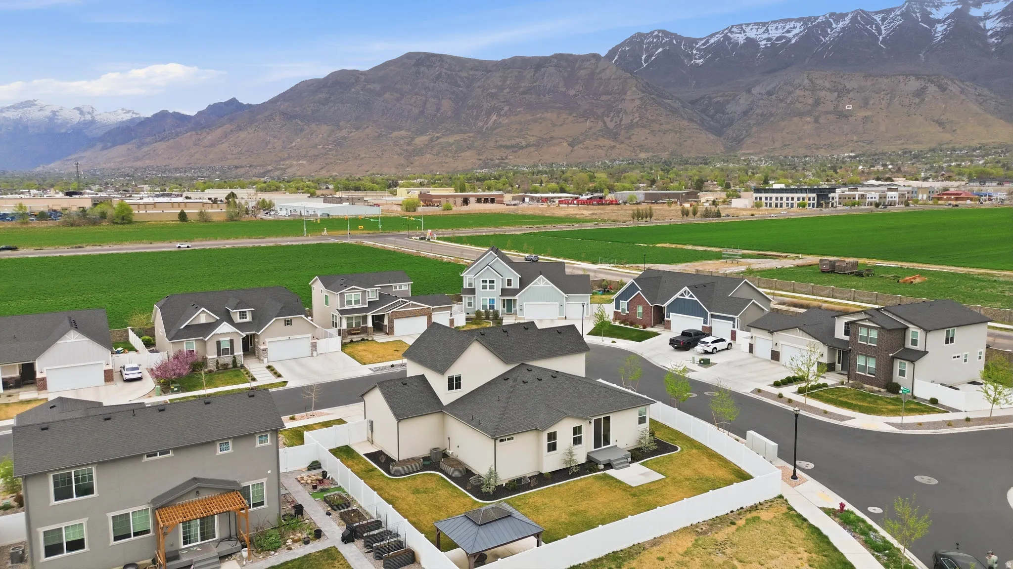 Aerial perspective of suburban area featuring mountains