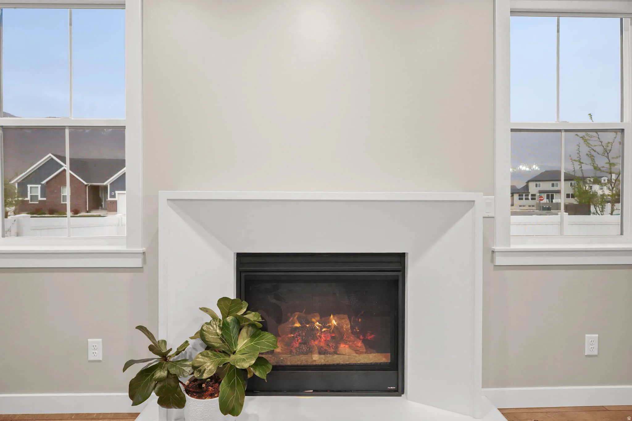 Glass-covered fireplace