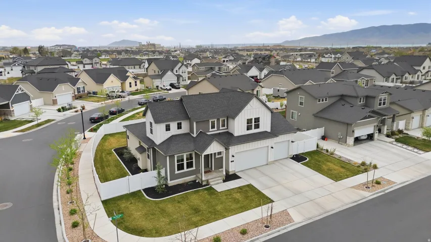 Aerial perspective of suburban area featuring mountains
