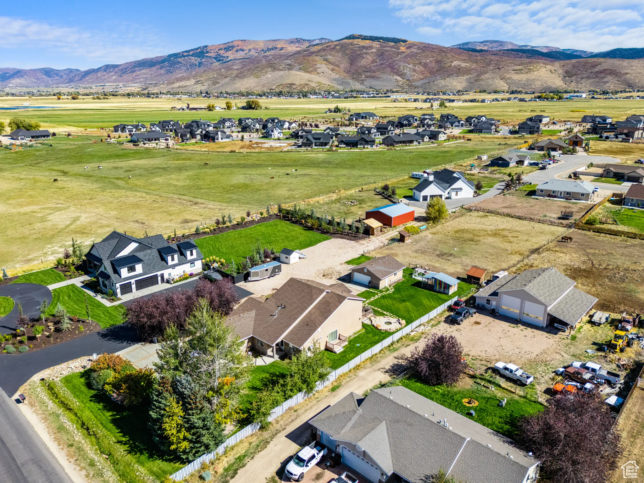 Aerial perspective of suburban area with mountains