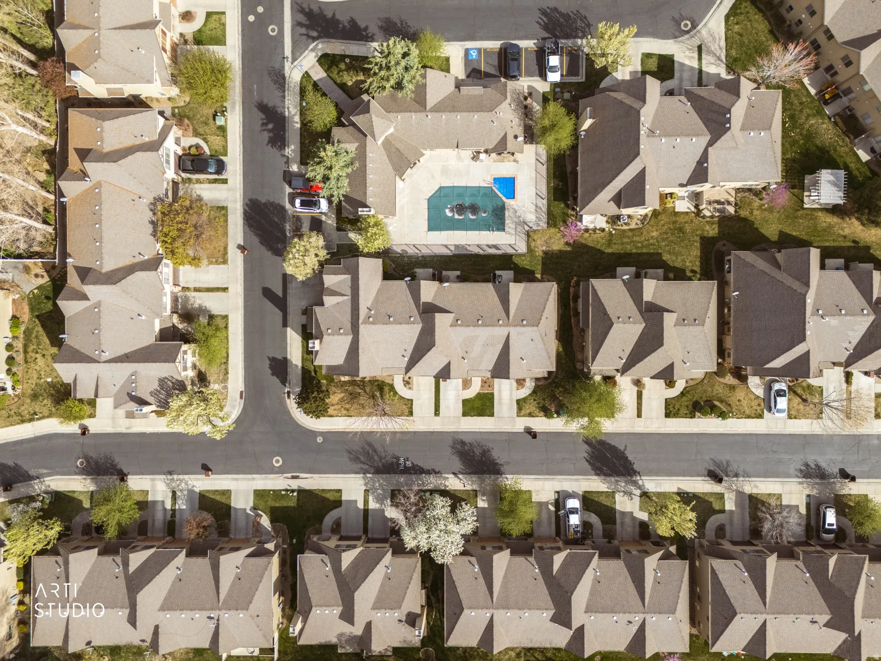 Aerial perspective of suburban area