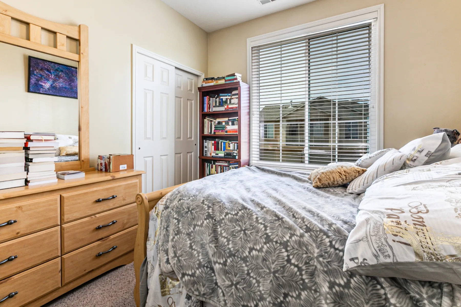 Carpeted bedroom featuring a closet