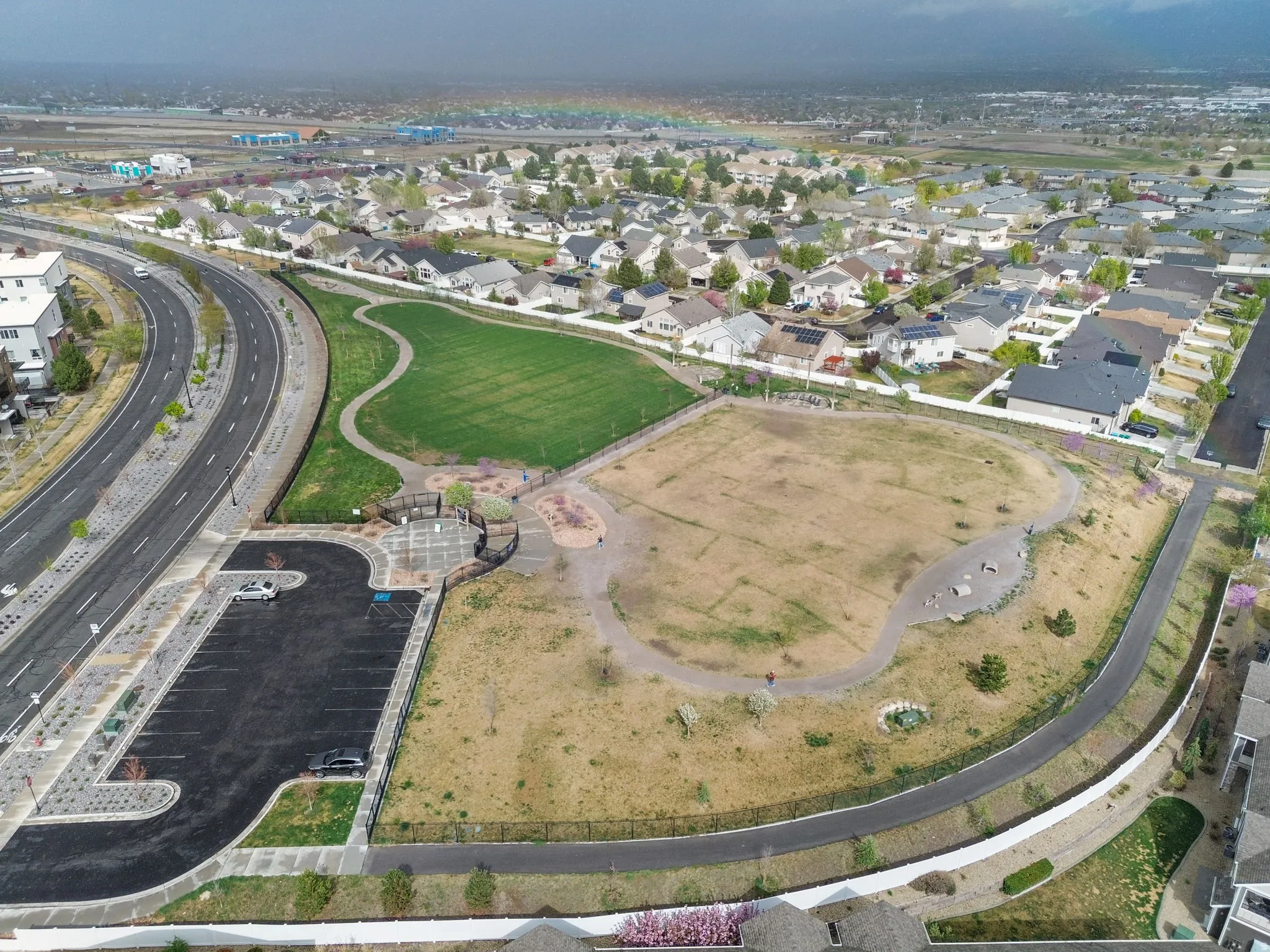 Aerial overview of property's location with nearby suburban area