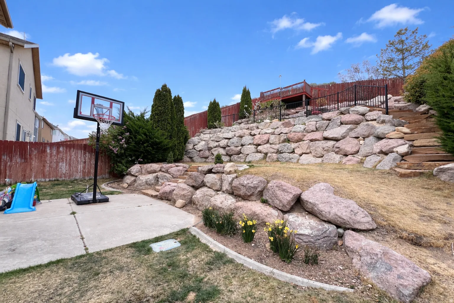 Fenced yard with a patio area