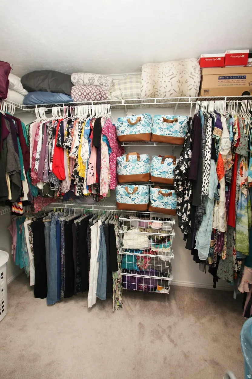 Walk in closet with light colored carpet