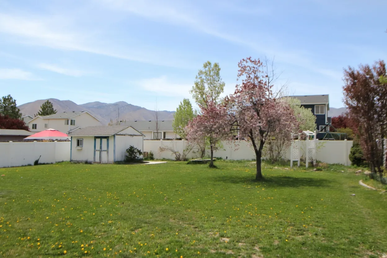 Fenced backyard with a mountain view and an outdoor structure