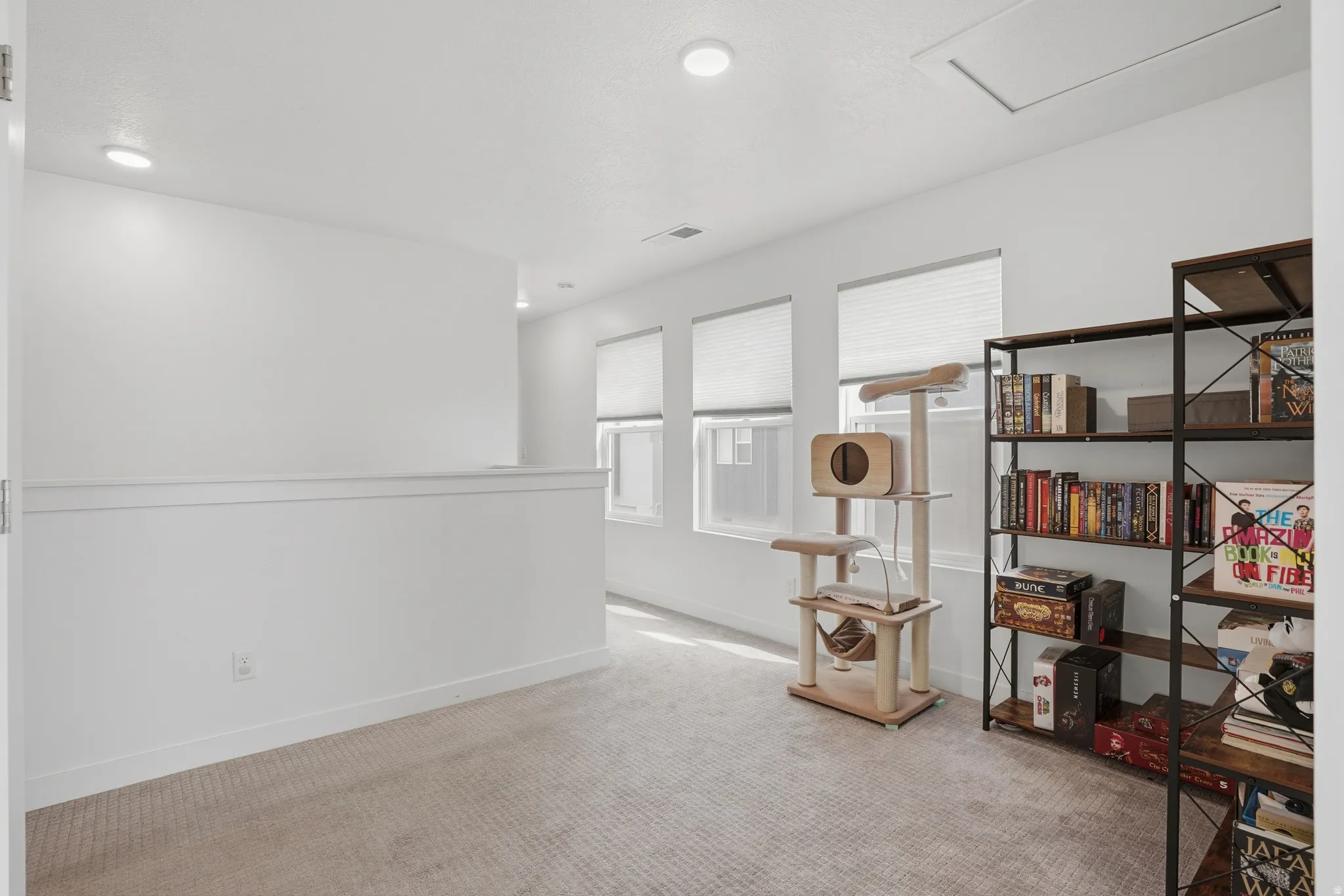 Interior space featuring carpet flooring and recessed lighting