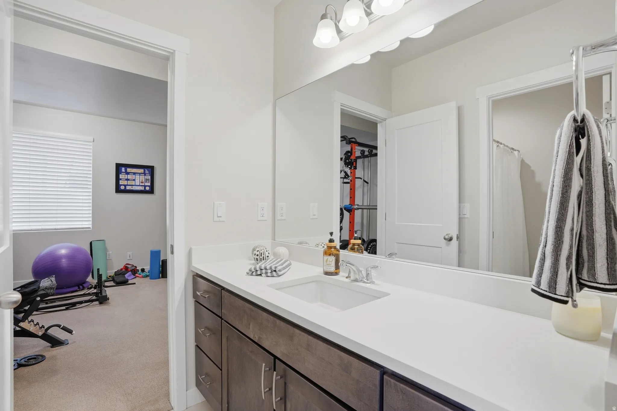 Full bath featuring vanity, light carpet, and curtained shower