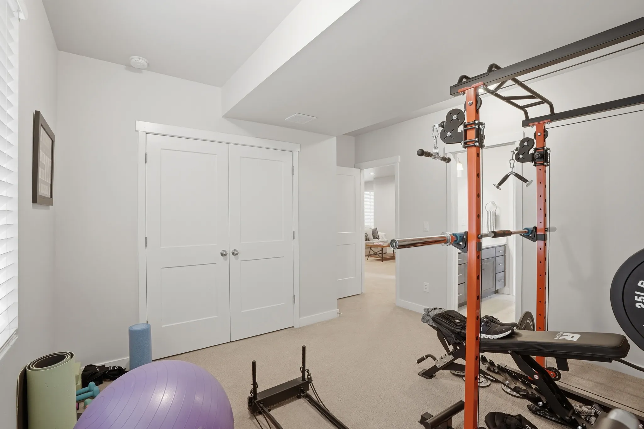 Exercise area featuring light colored carpet and baseboards