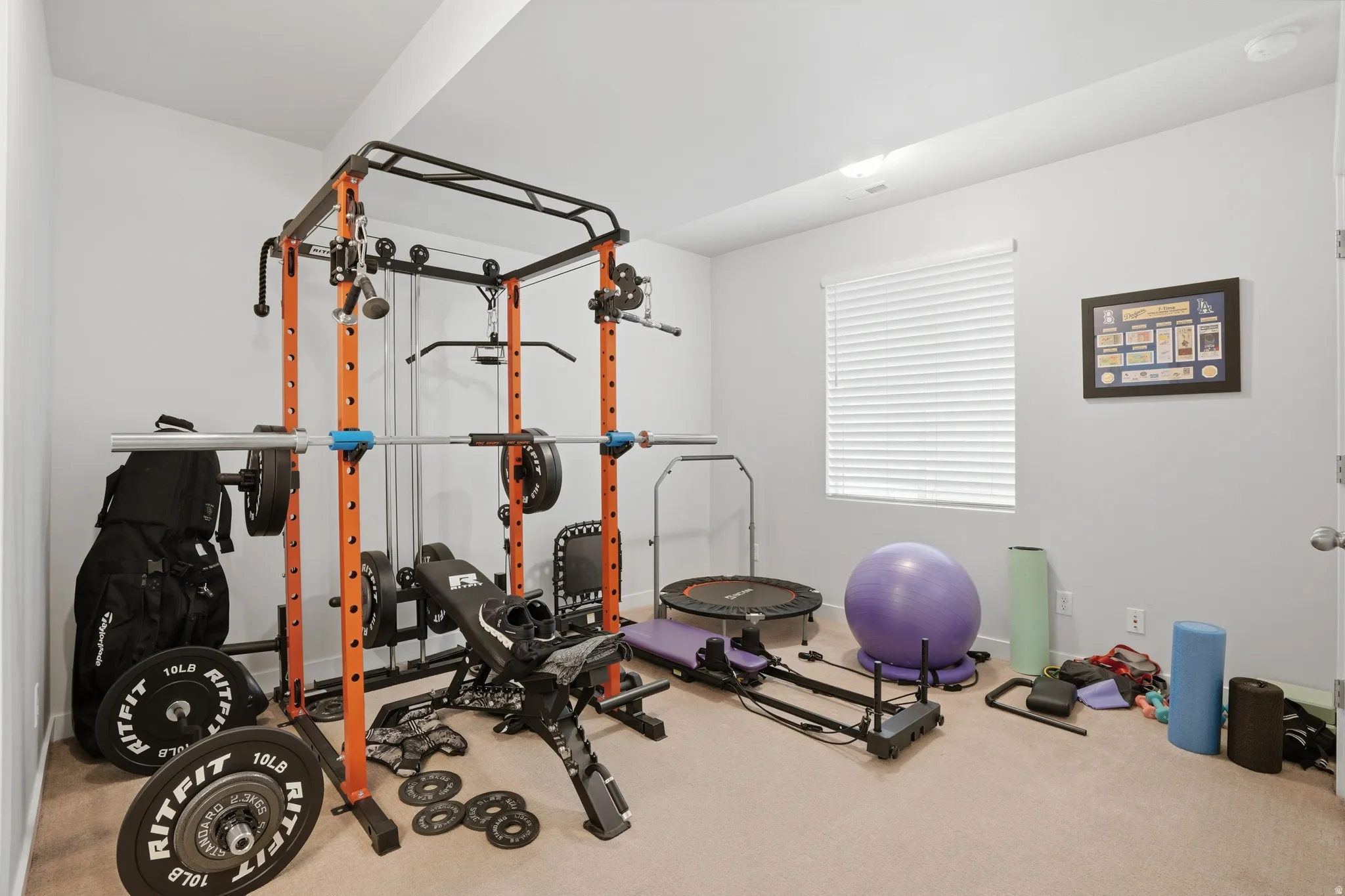 Workout room featuring carpet floors