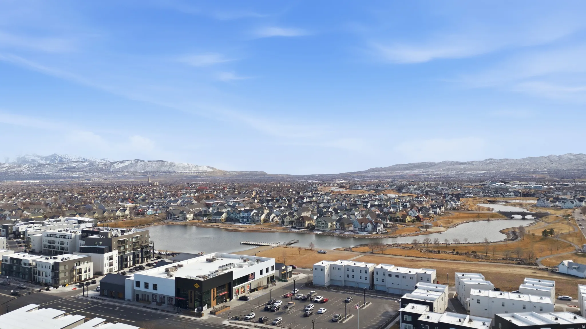 Aerial view of a water and mountain view