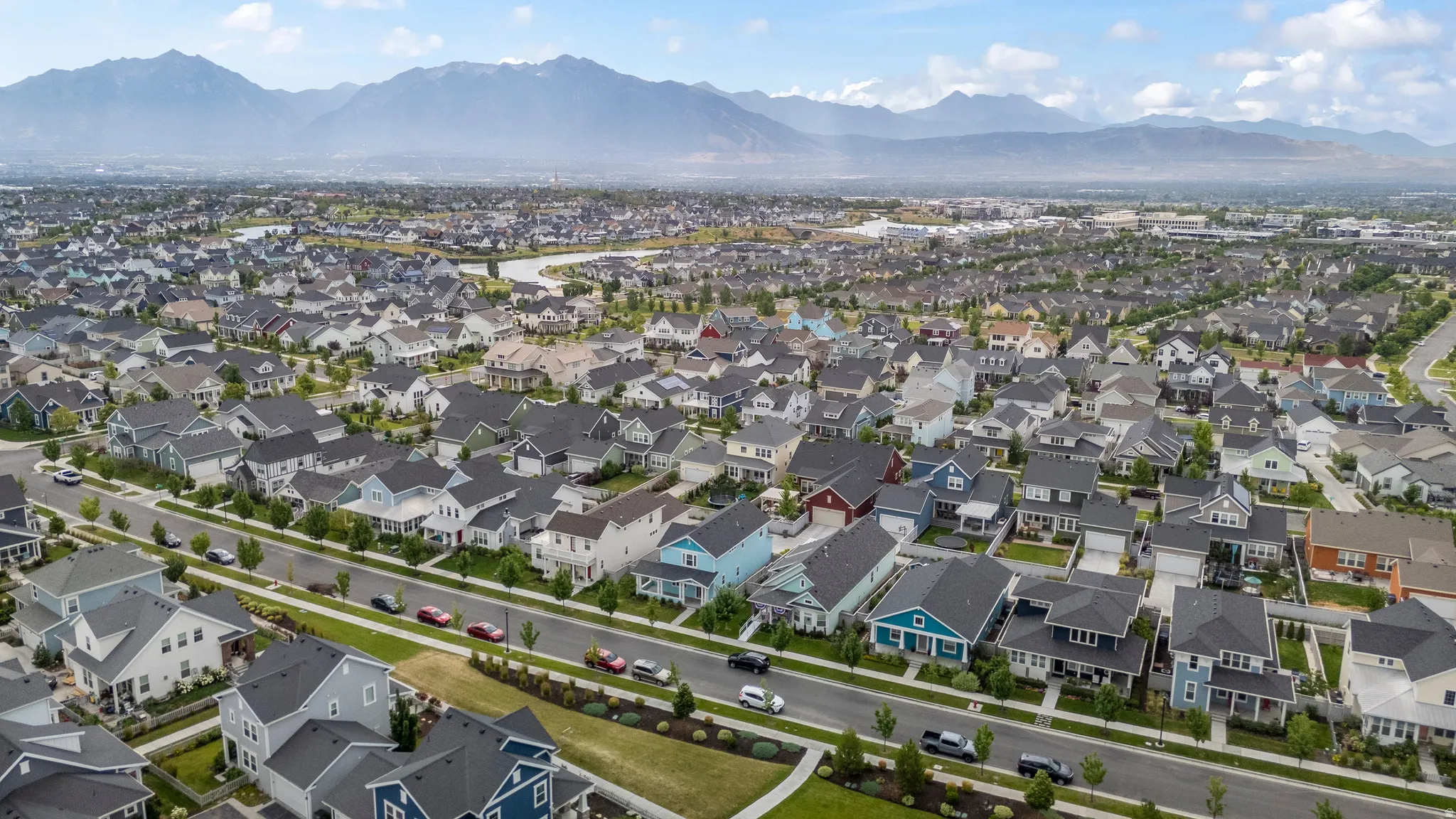 Aerial overview of property's location with nearby suburban area