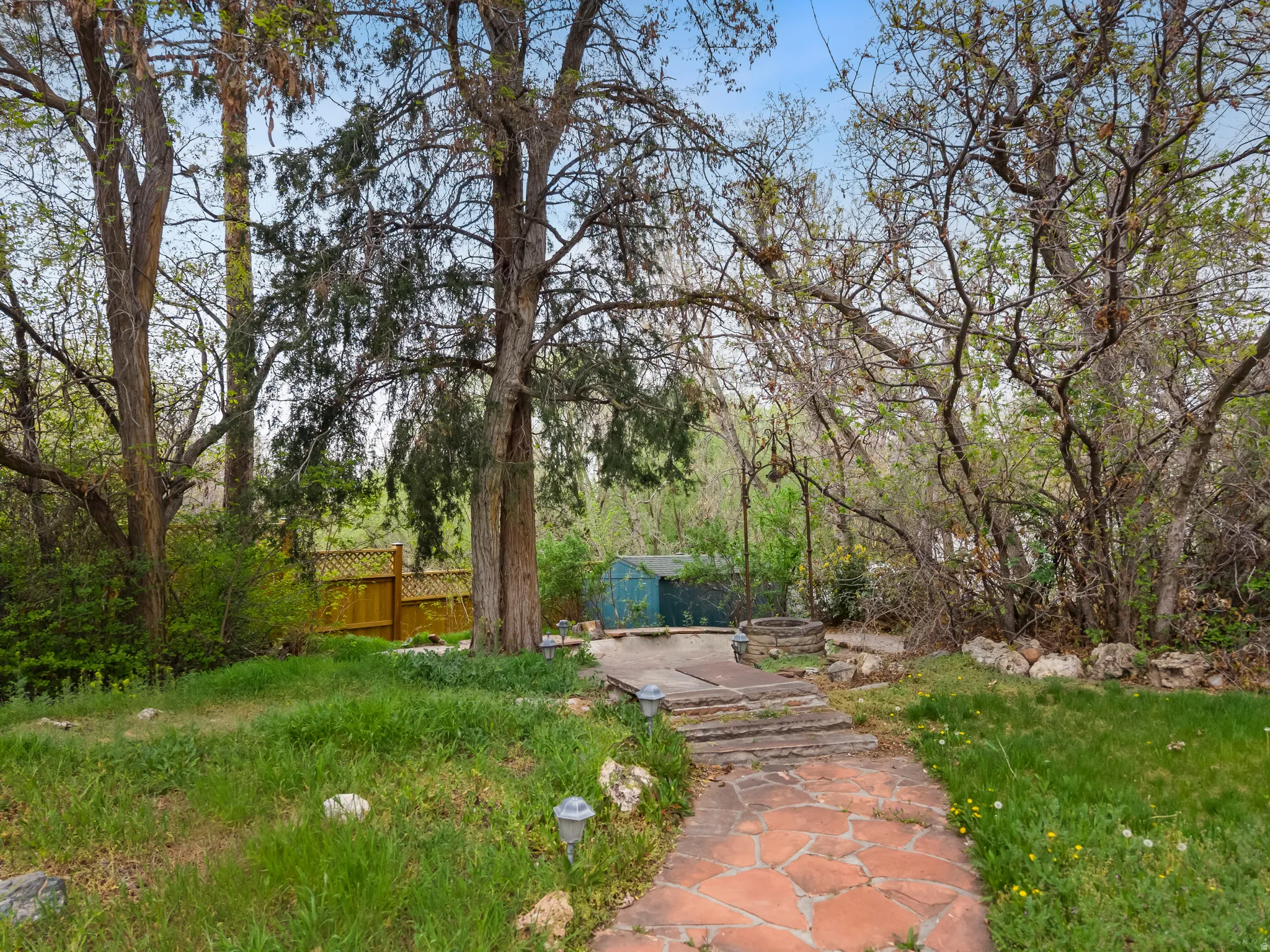 View of yard with a storage unit