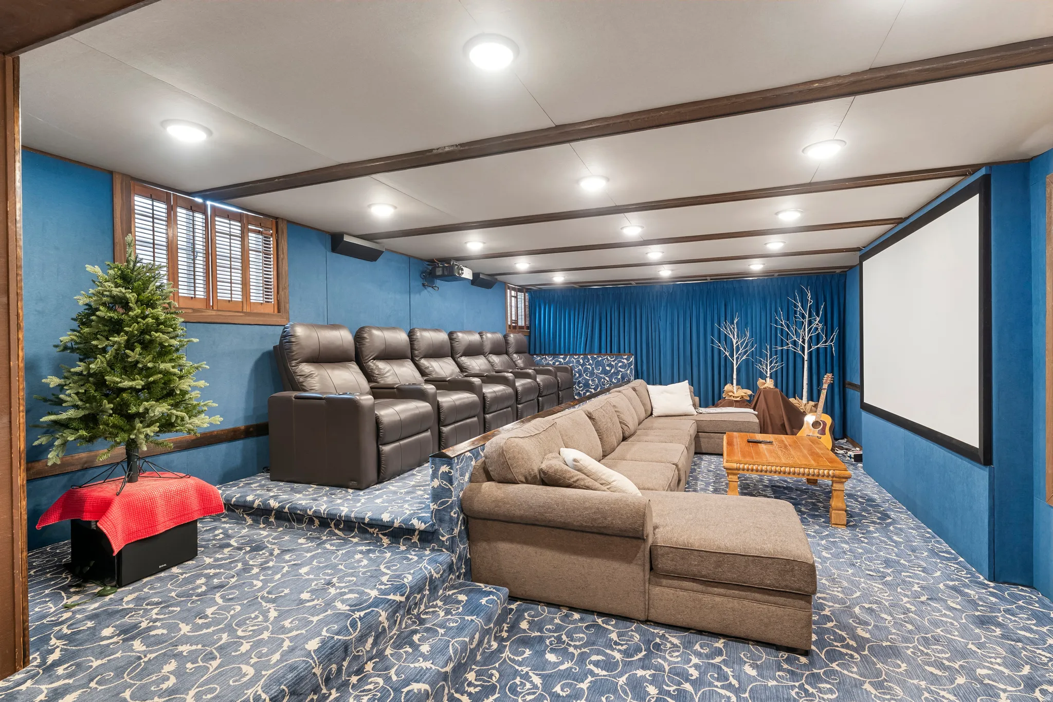 Cinema featuring carpet flooring, beam ceiling, and recessed lighting