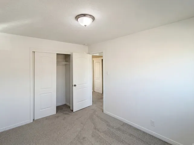 Unfurnished bedroom featuring light colored carpet, a closet, and a textured ceiling