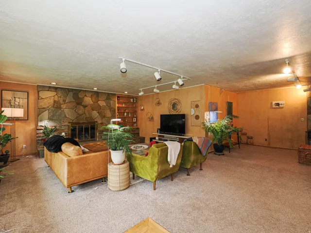 Living area with rail lighting, carpet flooring, a stone fireplace, and a textured ceiling