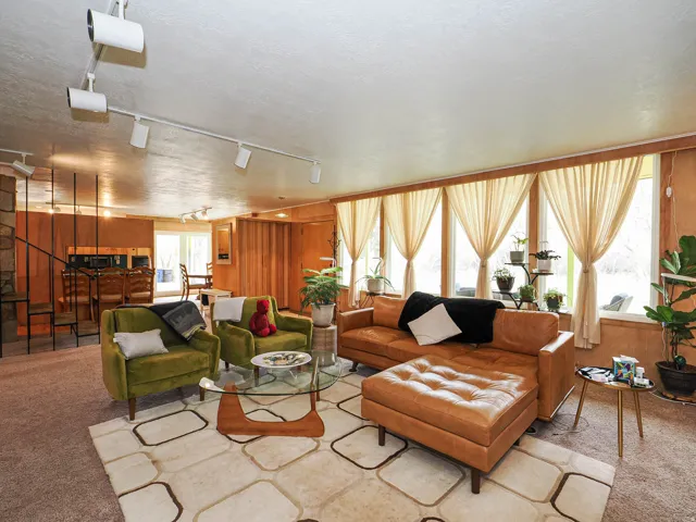 Carpeted living area with wooden walls, a textured ceiling, and track lighting