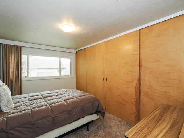 Bedroom featuring carpet floors, a textured ceiling, and a closet