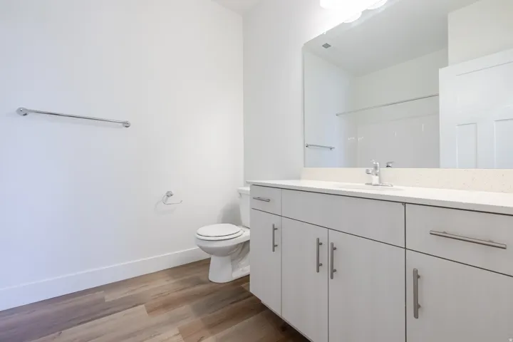 Bathroom featuring wood-finish flooring, a white vanity with brushed nickel pulls, a white countertop, and a large wall-mounted mirror