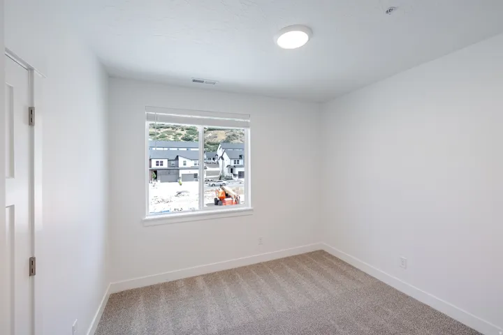 Neutral wall paint, window with white trim, flush-mount ceiling light, and carpeted flooring