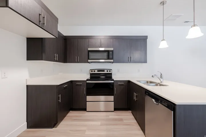 U-shaped kitchen featuring dark wood-finish cabinetry, light countertops, stainless steel appliances, and pendant lighting