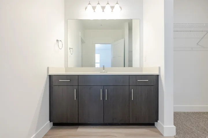 Vanity with dark wood-finish cabinetry, light-toned countertop, integrated sink with chrome faucet, and a large mirror with overhead lighting