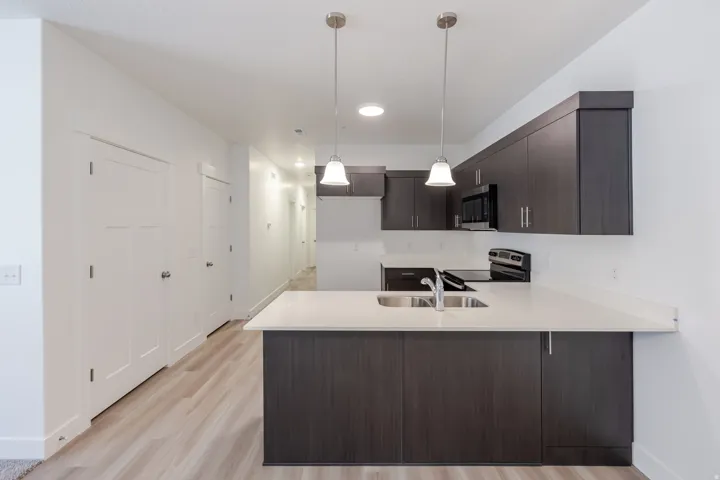 Kitchen with dark wood-finish cabinetry and light countertops