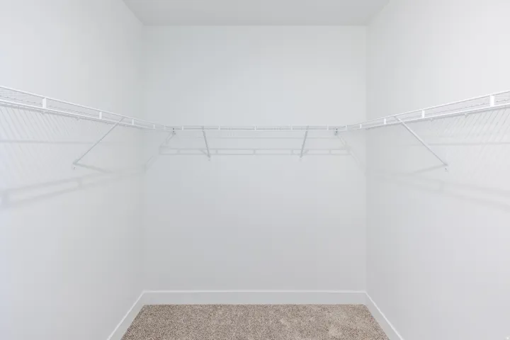 Built-in wire shelving system, light neutral wall color, and carpeted flooring