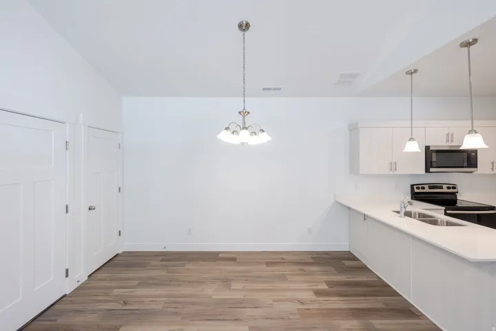 Wood-finish flooring, white cabinetry, integrated stainless-steel microwave, dual basin sink, and pendant lighting
