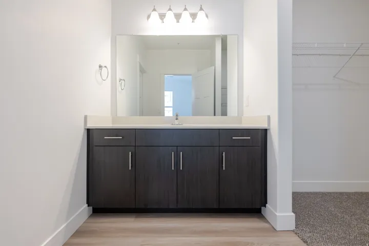 Wood-finish flooring, dark wood-tone vanity cabinetry with silver-tone hardware, light-toned countertop, rectangular mirror, and a linear light fixture