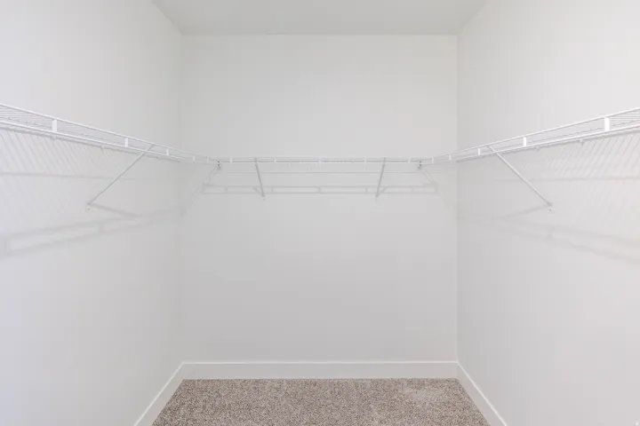 White wire shelving system, light-colored carpet flooring, and painted white walls