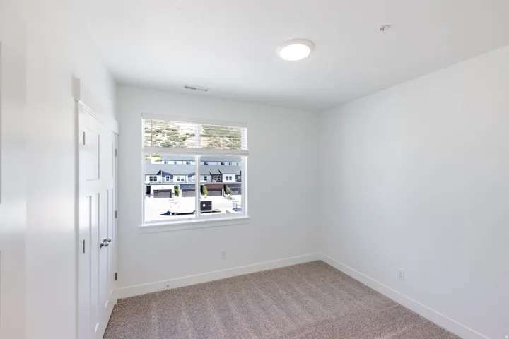 Neutral wall paint with textured carpeting, a flush-mount ceiling light fixture, and a window with blinds