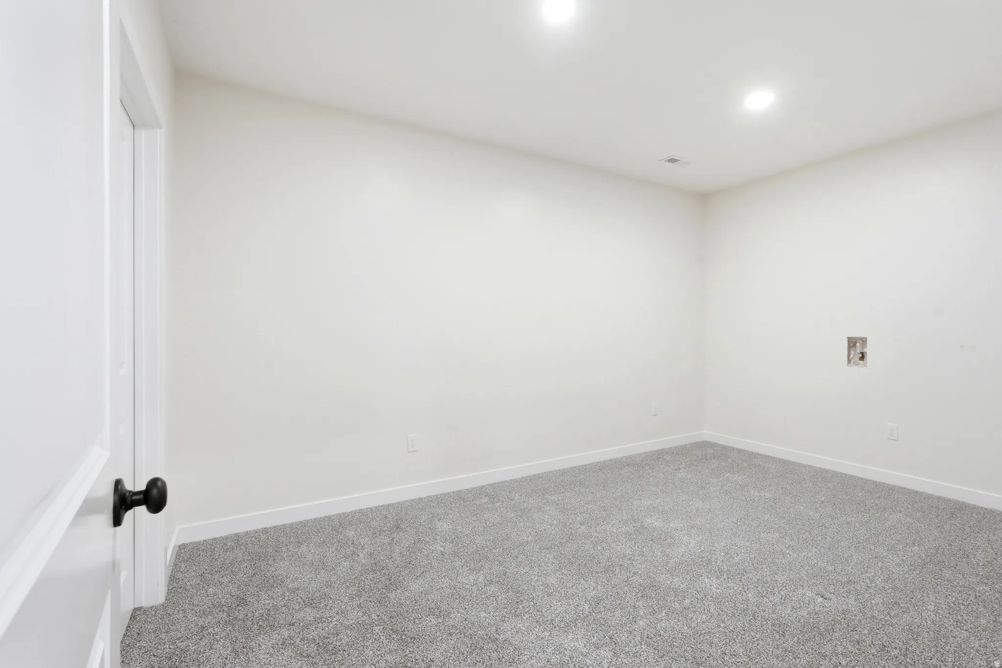 Versatile interior space featuring light gray carpeting, white baseboards, and neutral wall paint