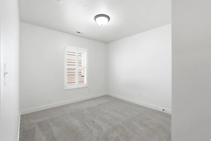 Bright room featuring white walls, gray carpet, a single window with white plantation shutters, and a flush-mount ceiling light fixture