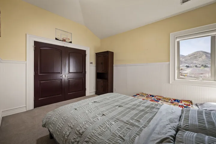 Carpeted bedroom featuring a wainscoted wall, vaulted ceiling, a mountain view, and a closet