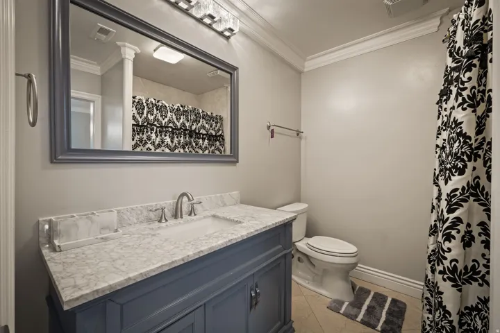 Full bathroom with crown molding, vanity, and a shower with shower curtain