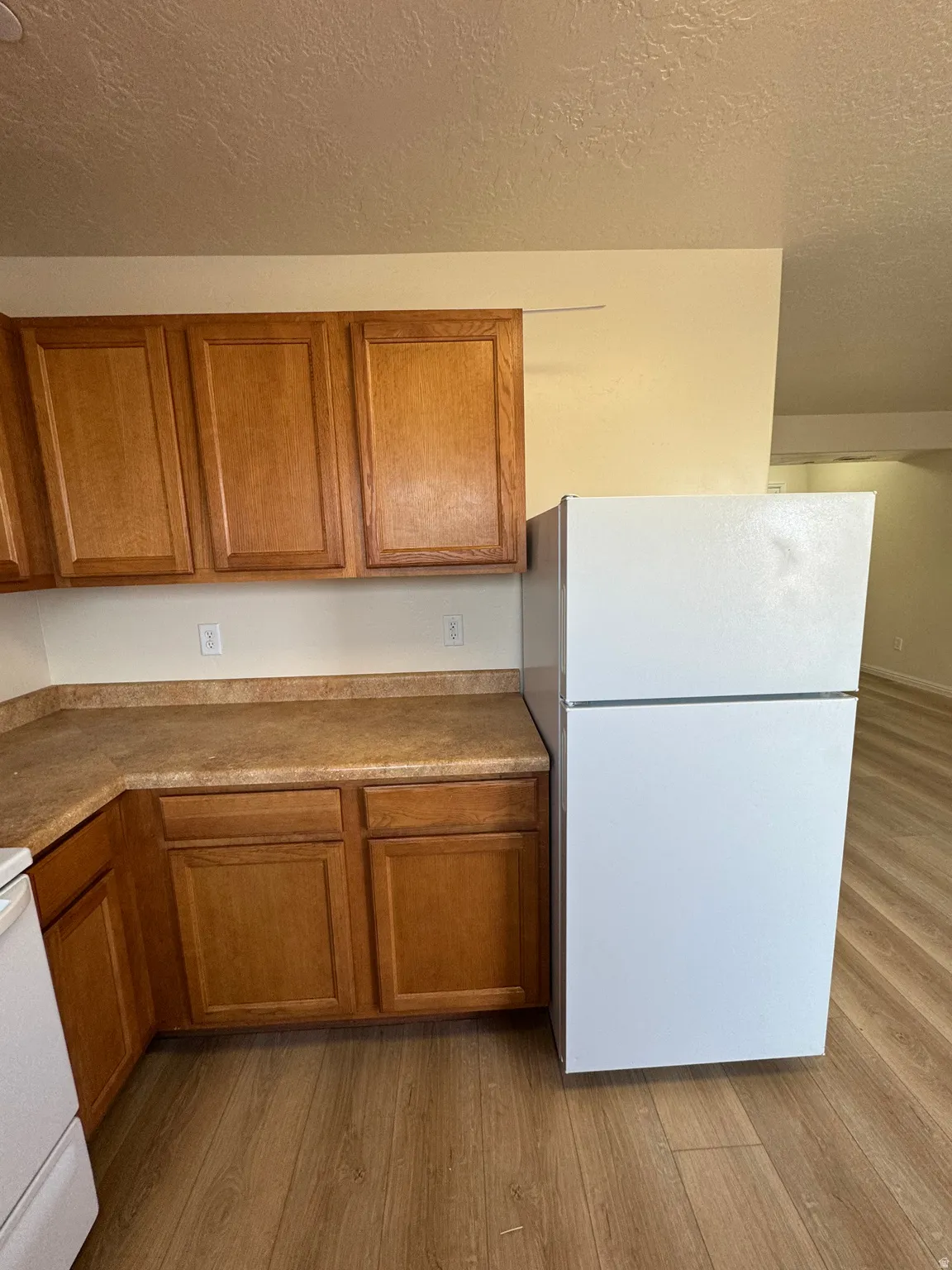Kitchen with white appliances, a textured ceiling, wood finish cabinets, dark wood-type flooring, and light countertops