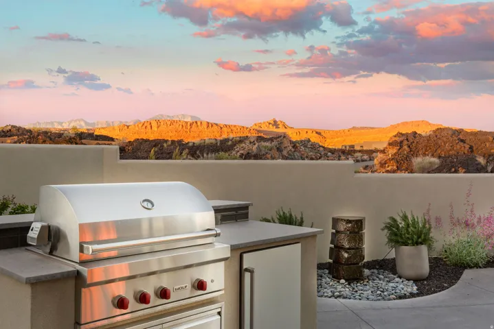 View of patio / terrace featuring a mountain view and area for grilling