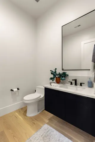 Bathroom featuring vanity and light wood finished floors