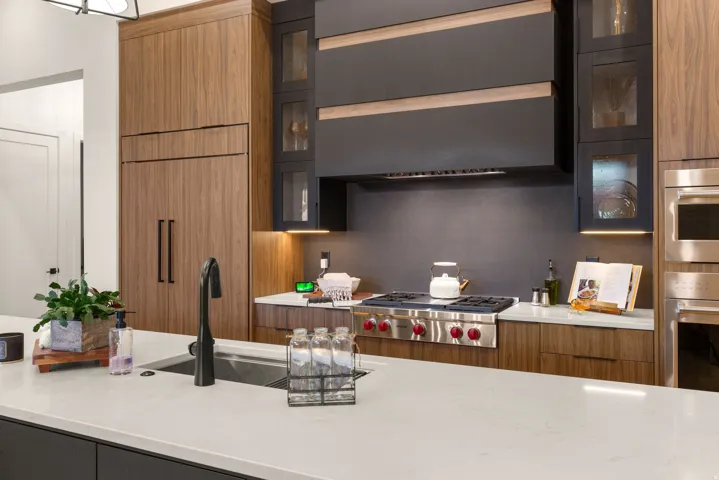 Kitchen featuring wood finish cabinetry, light stone counters, exhaust hood, stainless steel appliances, and modern cabinets