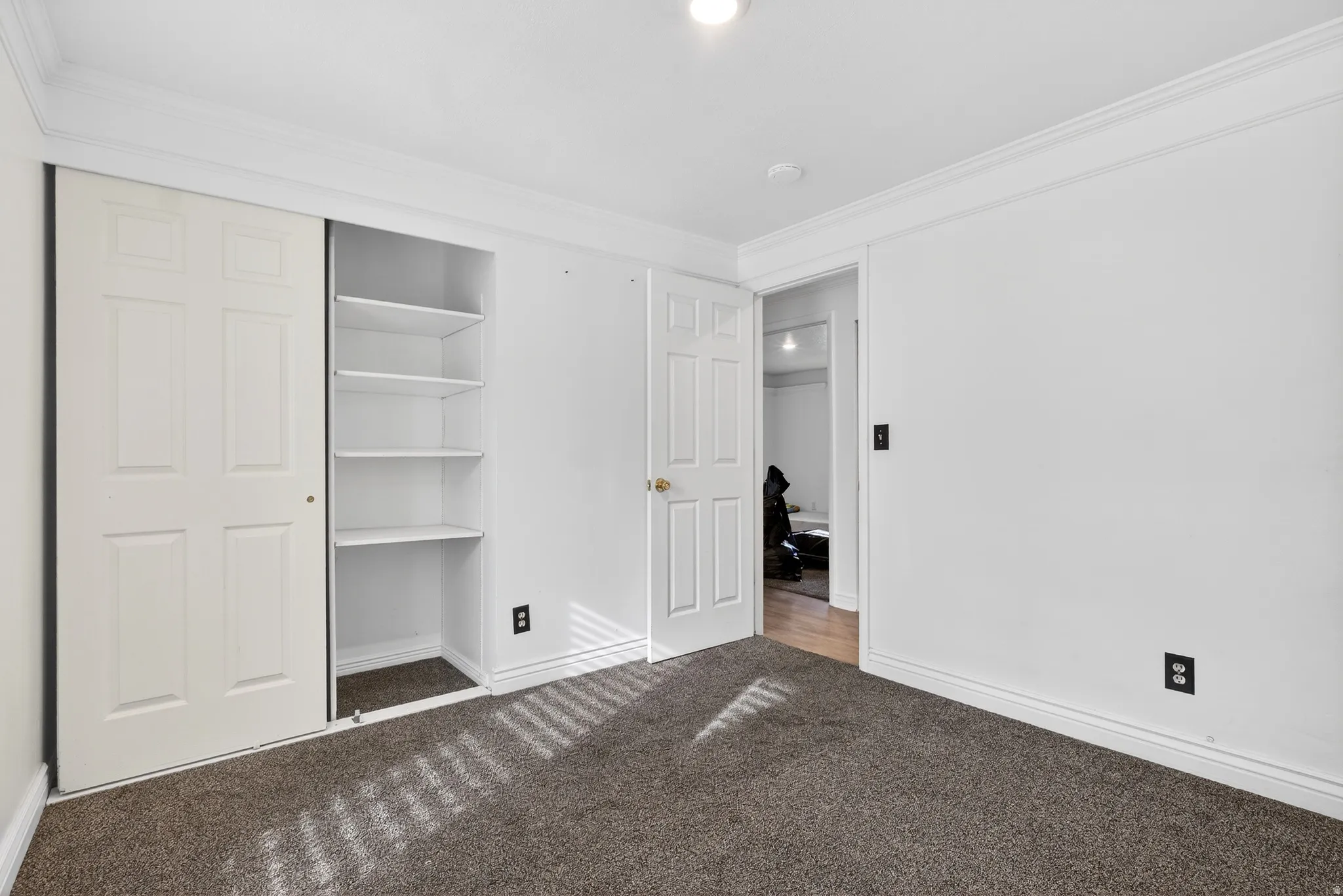 Unfurnished bedroom with crown molding, a closet, and light carpet
