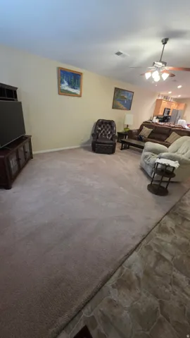 Living room with stone finish flooring and a ceiling fan